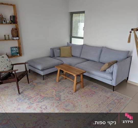 ספה אפורה עם כריות על שטיח צבעוני